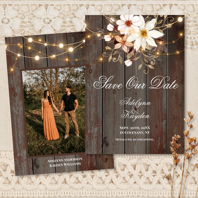 Moderne Rustikale Holz Blumige Lichter Hochzeit Save The Date (Von Creator hochgeladen)