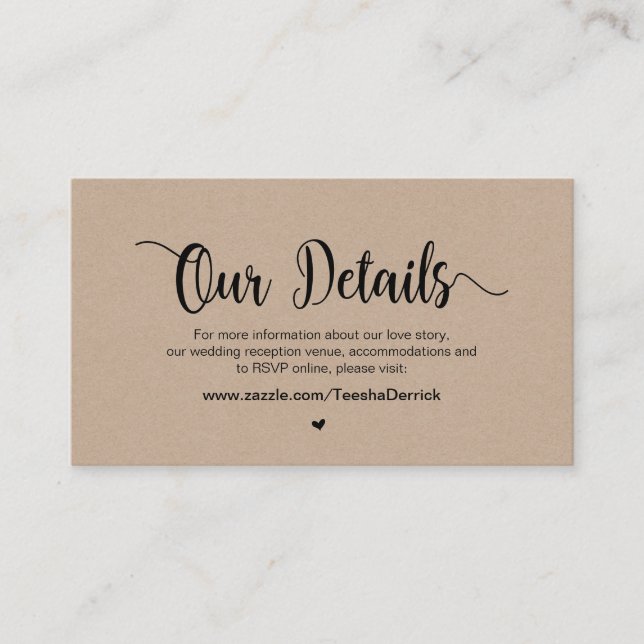 Moderne rustikale Kraft, Hochzeitsdetails Begleitkarte (Vorderseite)