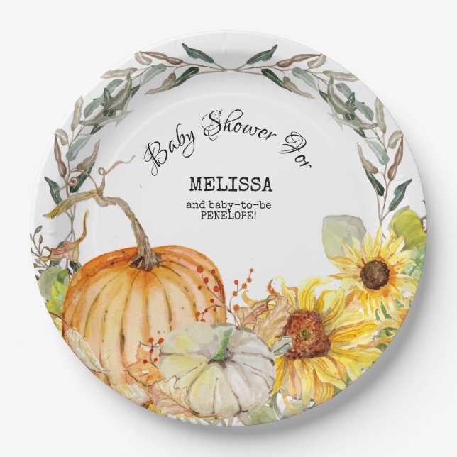 Moderne rustikale Pumpkin-Blätter Sonnenblume Kind Pappteller (Vorderseite)