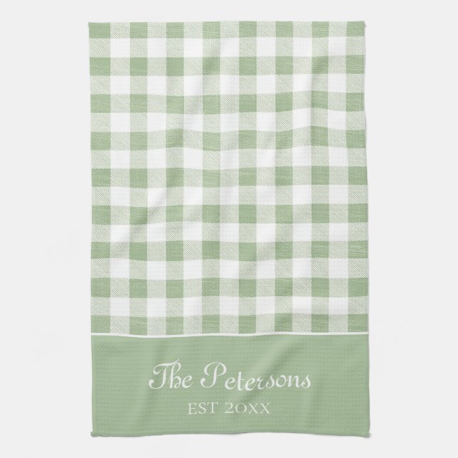 Moderne Rustikale Sage White Gingham Familienname Geschirrtuch (Vertikal)