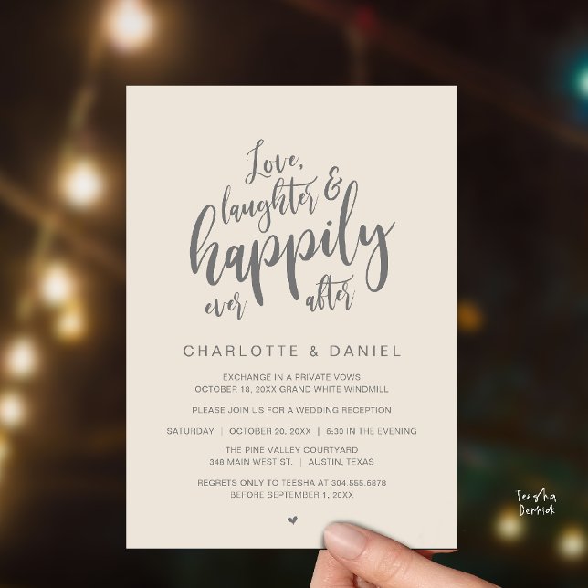 Moderne Rustikale Schrift Glücklich Bis Ans Ende D Einladung (Modern Rustic Script Love Laughter and Happily Ever After Wedding Invitation Card in Cream Grey)