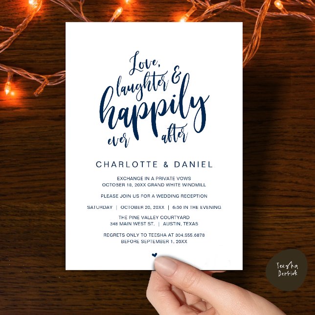 Moderne Rustikale Schrift Glücklich Bis Ans Ende D Einladung (Modern Rustic Script Love Laughter and Happily Ever After Wedding Invitation Card in Navy Blue)