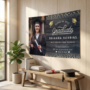 Moderne rustikale Schrift Gold-Abschlussfoto Holz Banner