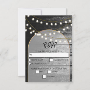 Moderne Rustikale Schwarz-Holz Gold Lights Arch We RSVP Karte