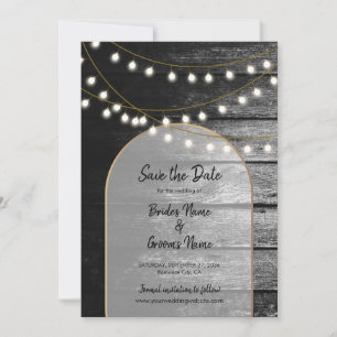 Moderne Rustikale Schwarz-Holz Gold Lights Arch We Save The Date