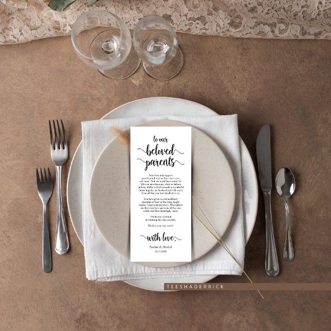 Moderne rustikale, schwarze, Place Einstellung Dan Programm (Wedding Dinner Place Setting Thank You Card, for Our Beloved Parents, in Modern Rustic themed)