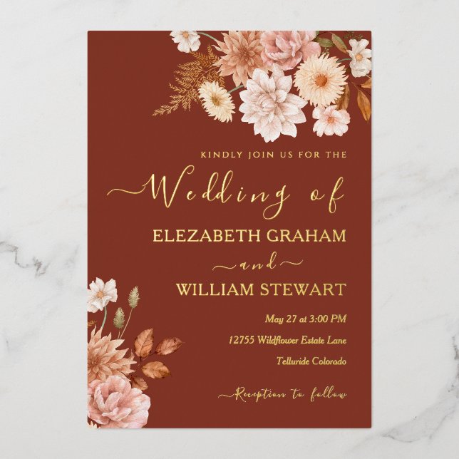 Moderne Rustikale Terracotta Boho Fall Foliage Hoc Folieneinladung (Vorderseite)