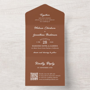 Moderne rustikale Terracotta Script QR Code Weddin All In One Einladung