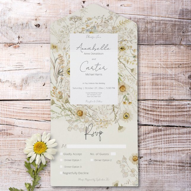 Moderne, rustikale Trockenmahlzeiten All In One Einladung (Modern Rustic Dried Daisies Floral Dinner All In One Invitation)