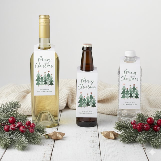 Moderne rustikale Weihnachtsbaumtypografie Flaschenanhänger (Modern Rustic Christmas Trees Typography Bottle Hanger Tags)