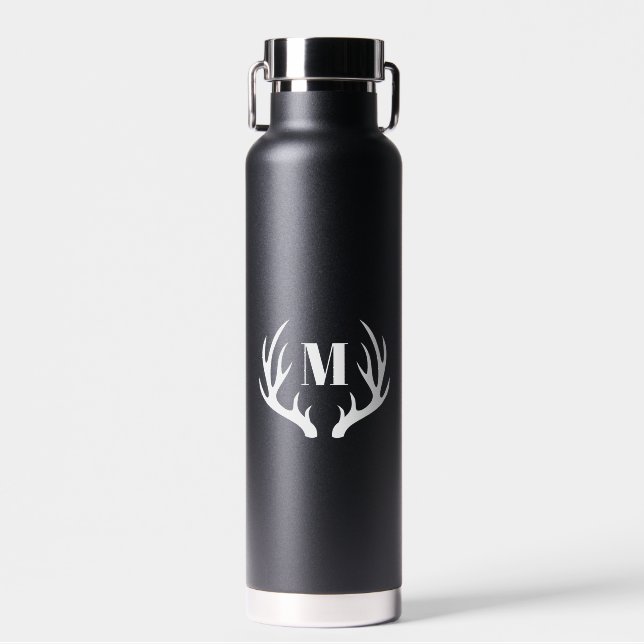 Moderne rustikale Weiße Hirschantler | Monogramm Trinkflasche (Vorne)