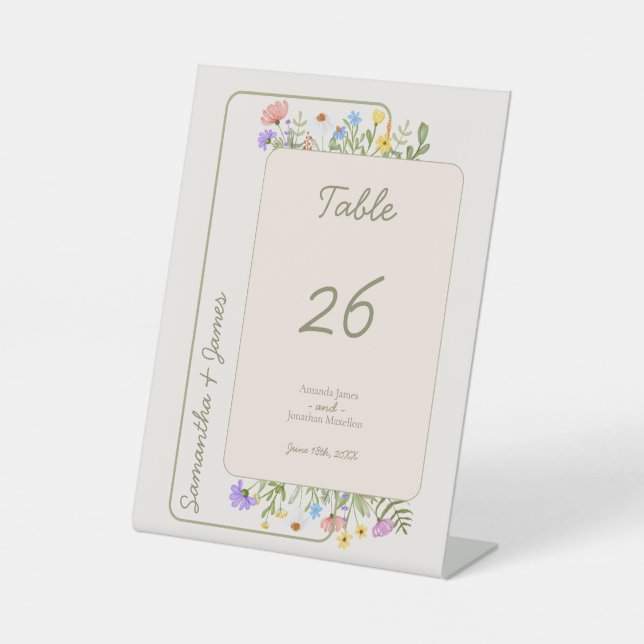 Moderne rustikale Wildblume Hochzeit Tischnummer Sockelschild (Vorderseite)