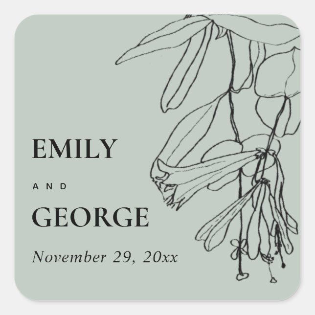 MODERNE RUSTISCHE GrauLINIE ZEICHNEND BLUMENWANDEL Quadratischer Aufkleber (Vorderseite)