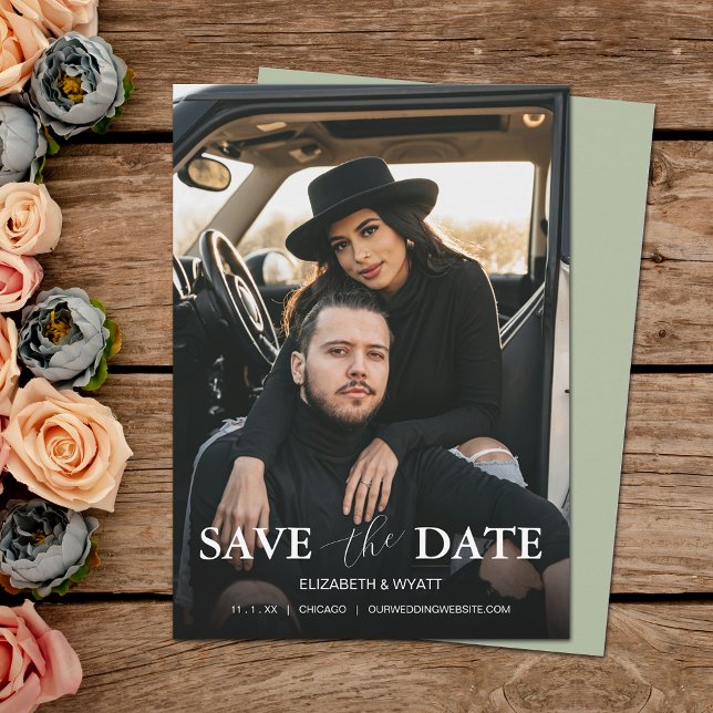 Moderne Sage Foto Hochzeit Save The Date (Von Creator hochgeladen)