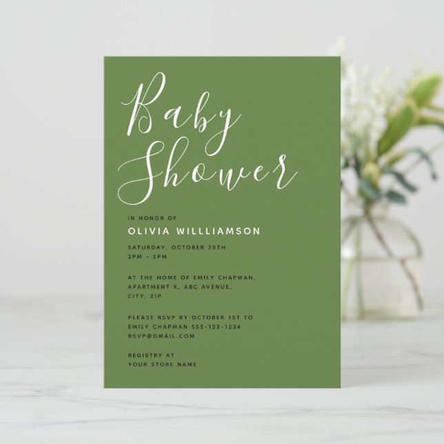 Moderne Sage Green Baby Dusche Einladung (Stehend Vorderseite)