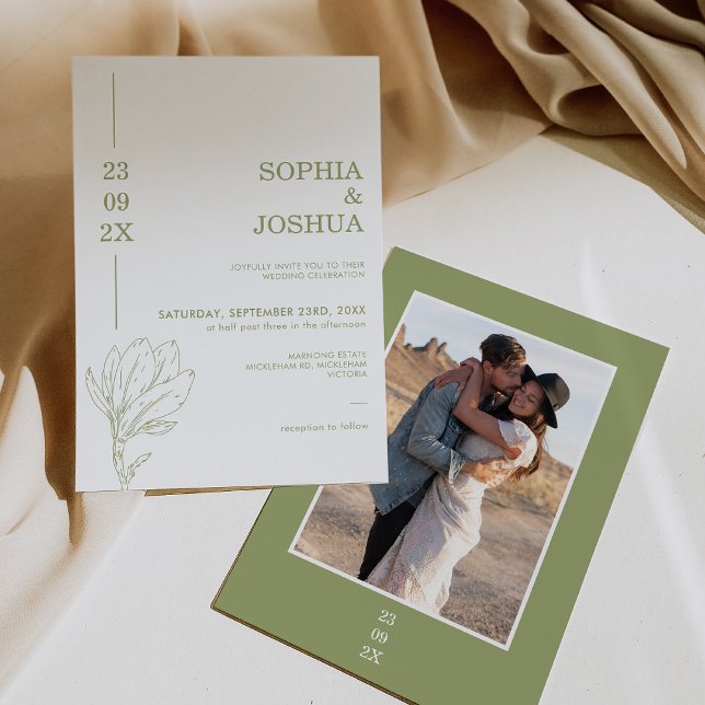 Moderne Sage Green Date Line Foto Blumenhochzeit Einladung (Modern Green Wedding Invitation Line Floral, Photo Wedding Sage Green Invitation, Floral Line Art )