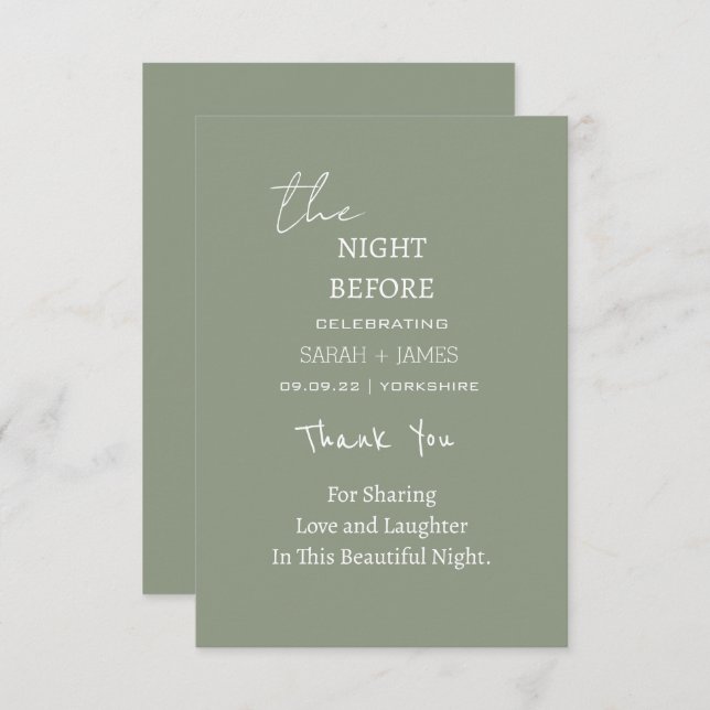 Moderne Sage Green die Nacht vor der Hochzeit Dankeskarte (Vorne/Hinten)