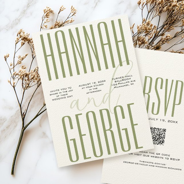Moderne Sage Green & Ecru Simple QR Code Hochzeit Einladung (Modern ecru textured wedding invitation, sage green bold typography with elegant script calligraphy )