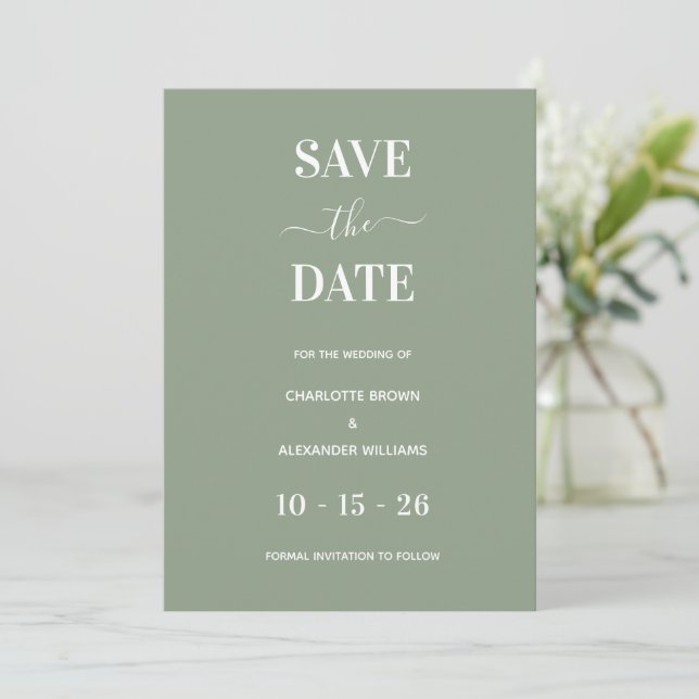 Moderne Sage Green Minimal sparen das Datum Save The Date (Stehend Vorderseite)