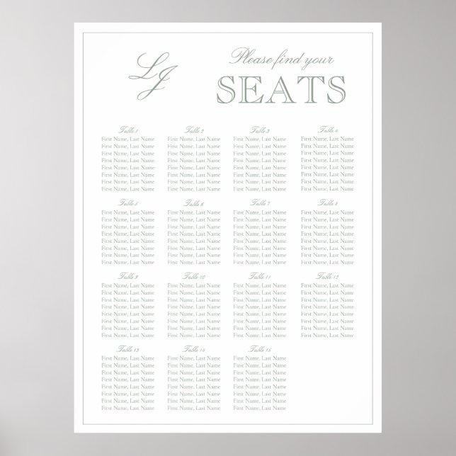 Moderne Sage Green Monogram Script Hochzeitssitz Poster (Vorne)