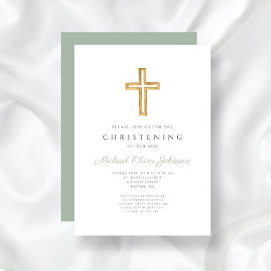 Moderne Sage Green Religious Cross Christening Einladung