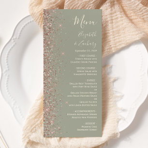 Moderne Sage Green Rose Gold Glitter Rand Hochzeit Menükarte