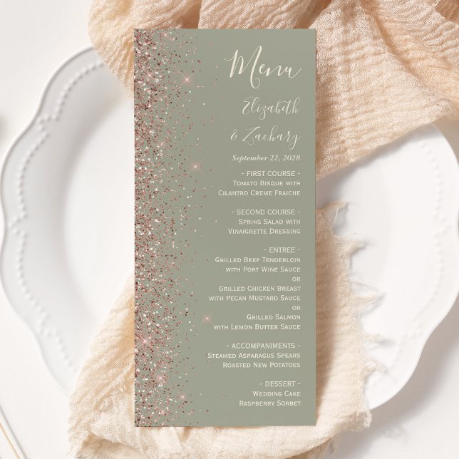 Moderne Sage Green Rose Gold Glitzer Edge Wedding Menükarte (Von Creator hochgeladen)