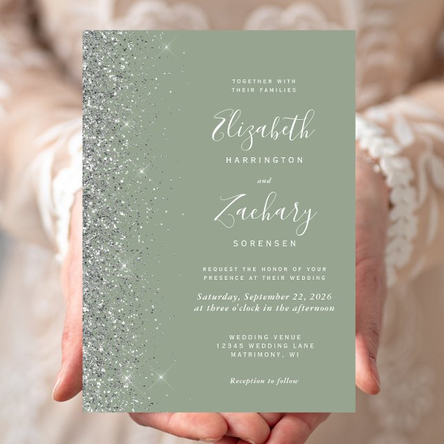 Moderne Sage Green Silver Glitzer Edge Wedding Einladung (Von Creator hochgeladen)