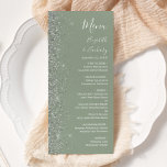 Moderne Sage Green Silver Glitzer Edge Wedding Menükarte<br><div class="desc">Die links Seite dieses eleganten,  modernen Hochzeitsmenüs besticht durch ein silbernes Imitat-Glitzer-Design. Der anpassbare Text kombiniert weiße Handschrift,  Copperplate und kursiv Schriftart auf einem grünen Weiß-Hintergrund. Die Rückseite ist mit einem passenden Weiß- und Silbergrün-Glitzer-Design versehen.</div>