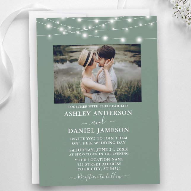 Moderne Sage Green String Lights Foto Hochzeit Einladung (Customize to add more text to back of card.)