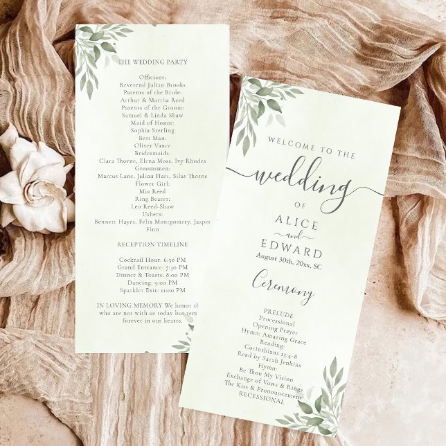 Moderne Sage Greenery Hochzeitsprogrammkarte Programm (Von Creator hochgeladen)