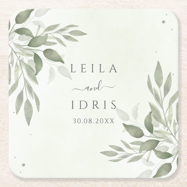 Moderne Sage Greenery Hochzeitsuntersetzer Rechteckiger Pappuntersetzer (Vorderseite)