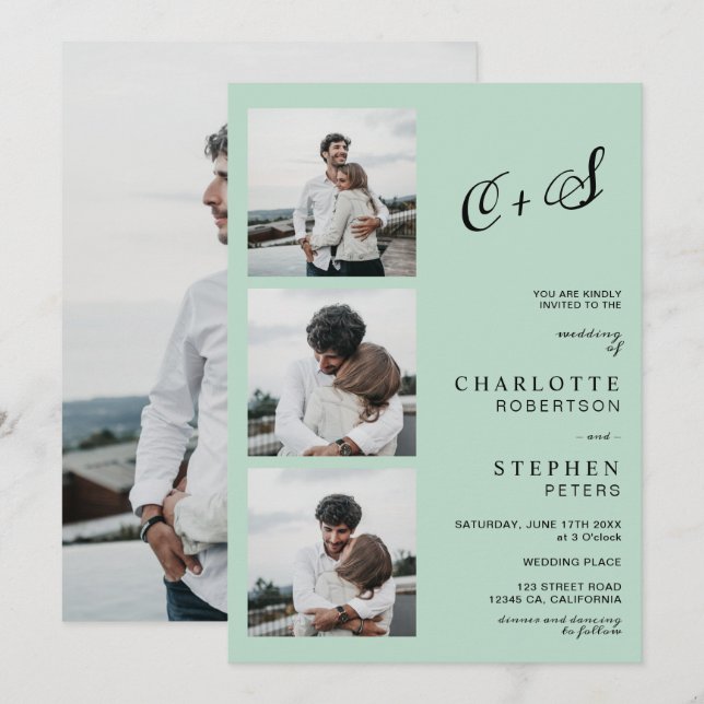 Moderne sage grün lässige Initialen Foto Hochzeit Einladung (Vorne/Hinten)