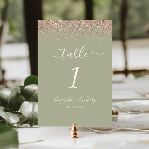 Moderne Sage-Grün-Roségold-Glitterrand-Hochzeit Tischnummer