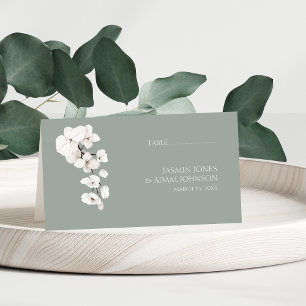 Moderne Sage-Grün Weiße Orchideen Blumen Hochzeit Platzkarte