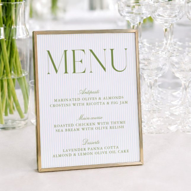 Moderne Salbeigrün- und Blaustreifen-Hochzeitsmenü (Modern Sage Green & Blue Stripes Wedding Menu)