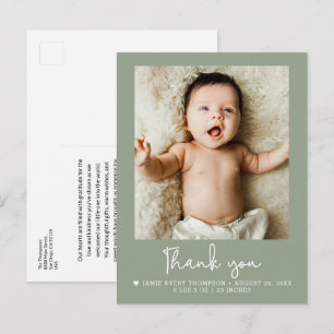 Moderne Salbeigrüne Baby-Foto-Geburtsanzeige Postkarte