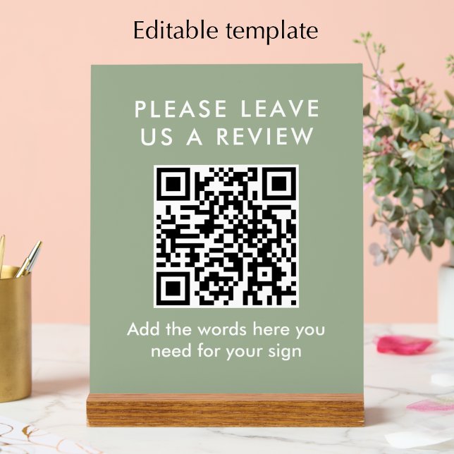 Moderne Salbeigrüne Benutzerdefinierte Bewertung H Acrylschild (Customize this template with your custom text. Sage green modern QR code sign.)