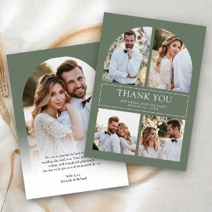 Moderne Salbeigrüne Bogen-Foto-Collage-Hochzeit Dankeskarte