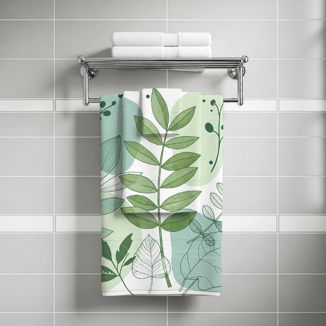 Moderne Salbeigrüne Botanische Blattmuster Badhandtuch Set (Von Creator hochgeladen)