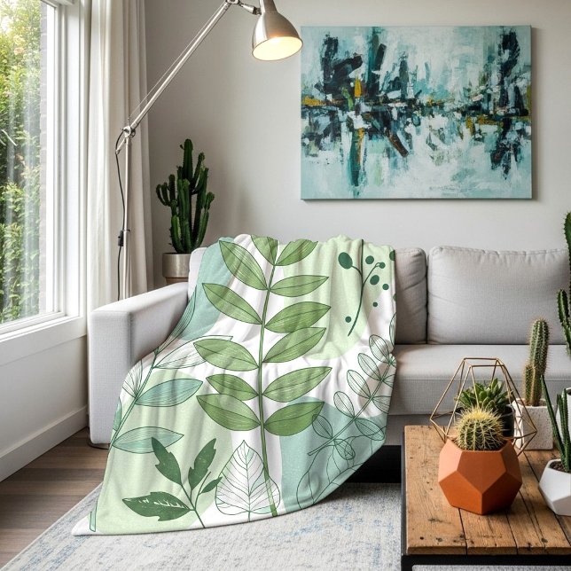 Moderne Salbeigrüne Botanische Blattmuster Fleecedecke (Von Creator hochgeladen)