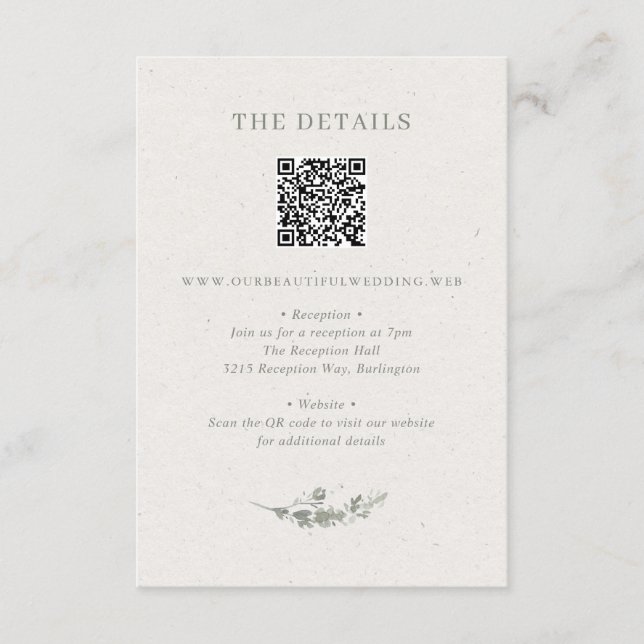 Moderne Salbeigrüne Botanische QR-Code-Hochzeit Begleitkarte (Vorderseite)