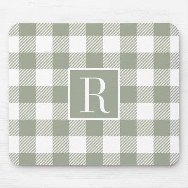 Moderne Salbeigrüne Buffalo-Karo-Monogramm-Initial Mousepad (Vorne)