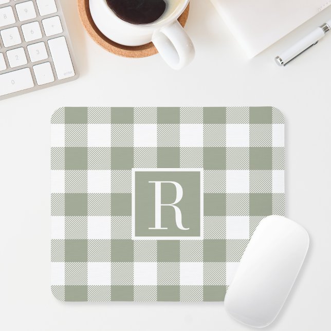 Moderne Salbeigrüne Buffalo-Karo-Monogramm-Initial Mousepad (Von Creator hochgeladen)