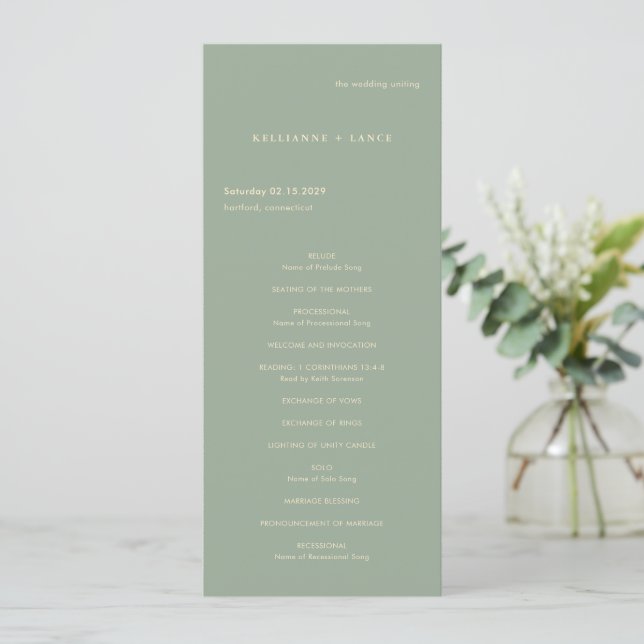 Moderne Salbeigrüne Einfache Hochzeit Programm (Stehend Vorderseite)