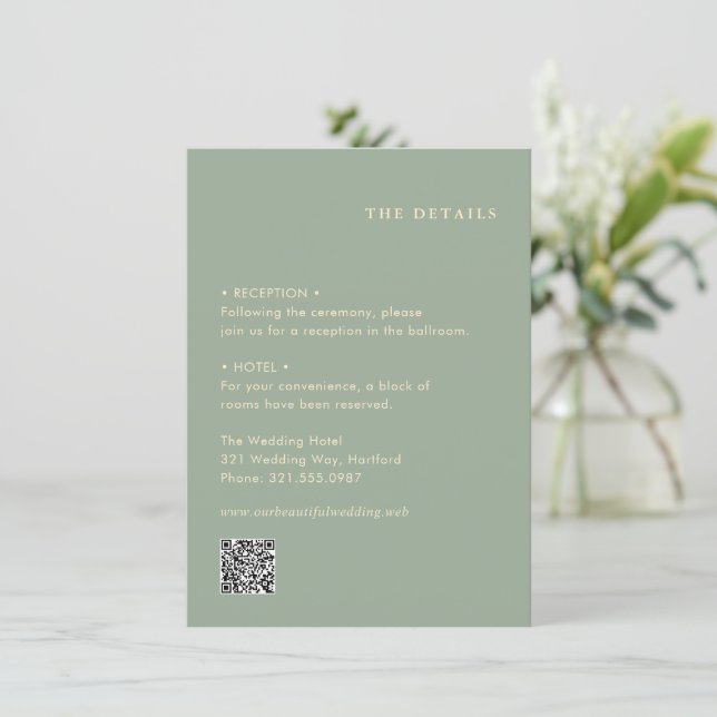 Moderne Salbeigrüne Einfache QR-Code-Hochzeit Begleitkarte (Stehend Vorderseite)