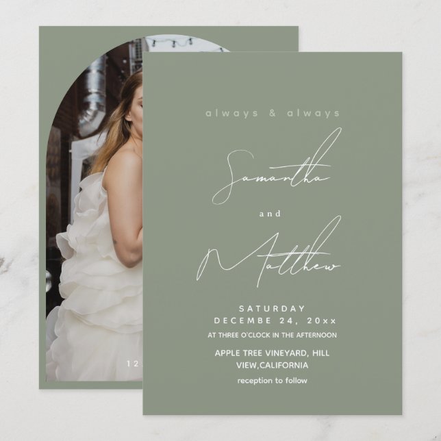 Moderne Salbeigrüne Foto-Hochzeit  Einladung (Vorne/Hinten)