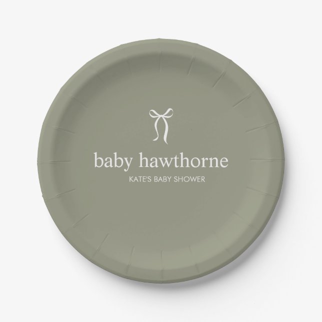 Moderne Salbeigrüne geschlechtsneutrale Babyparty Pappteller (Vorderseite)