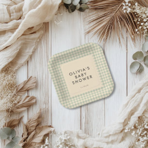 Moderne Salbeigrüne Gingham-Baby-Shower-Kollektion Pappteller