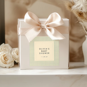 Moderne Salbeigrüne Gingham-Baby-Shower-Kollektion Quadratischer Aufkleber